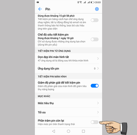 Bật phần trăm Pin còn lại